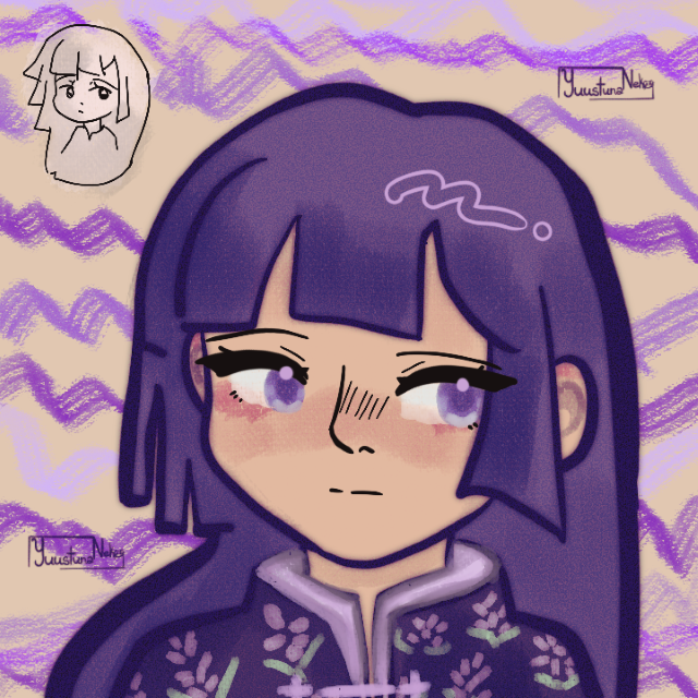 Headshot art of a black haired charcter with purple eyes.