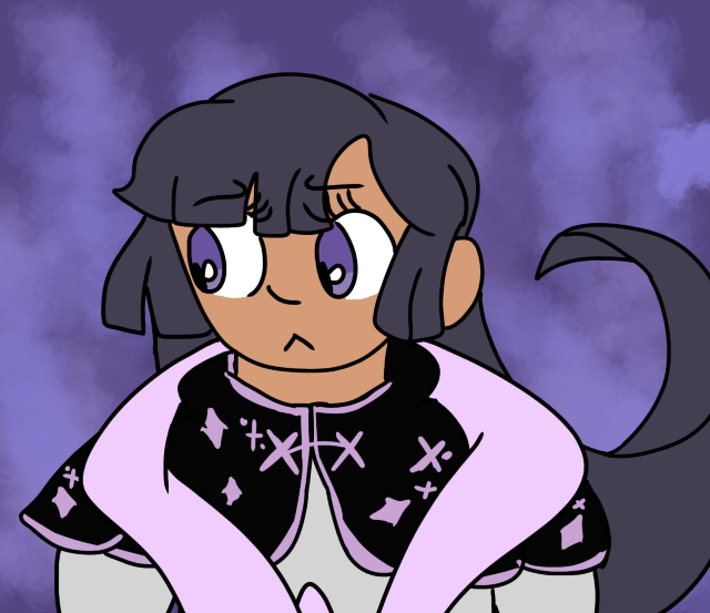 Bust art of a character wih black hair and a lavender vestment.